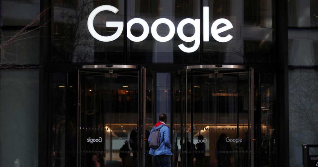 The Google logo is pictured at the entrance to the Google offices in London