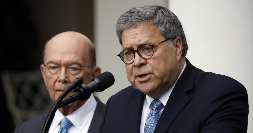Attorney General William Barr speaks about the census as Commerce Secretary Wilbur Ross listens during an event with President Donald Trump in the Rose Garden at the White House
