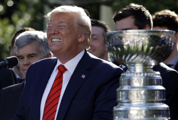 President Donald Trump smiles as he speaks during an event to honor the 2019 Stanley Cup Champions