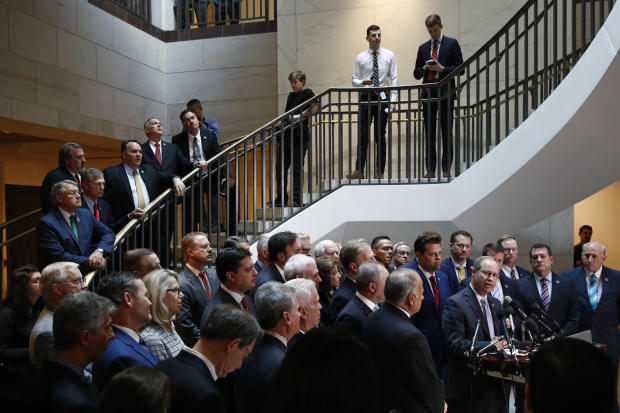 House Republicans gather for a news conference after Deputy Assistant Secretary of Defense Laura Cooper arrived for a closed door meeting to testify as part of the House impeachment inquiry into President Donald Trump