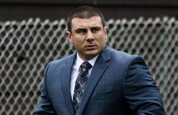 New York City police officer Daniel Pantaleo leaves his house Monday