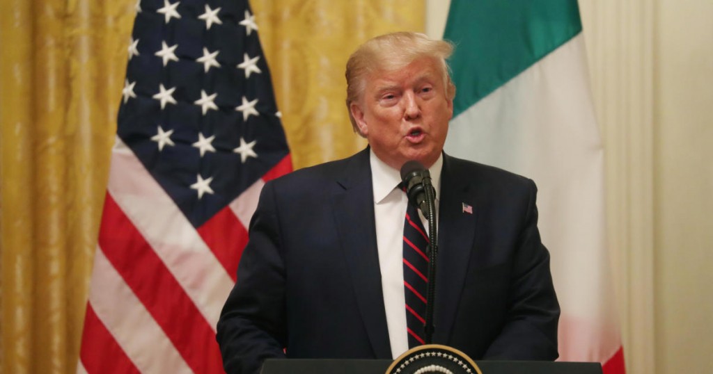 U.S. President Donald Trump speaks during a joint news conference with Italy's President Sergio Mattarella in the East Room of the White House in Washington
