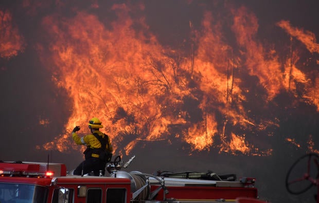 A wind driven wildfire in the hills of Canyon Country north of Los Angeles, California