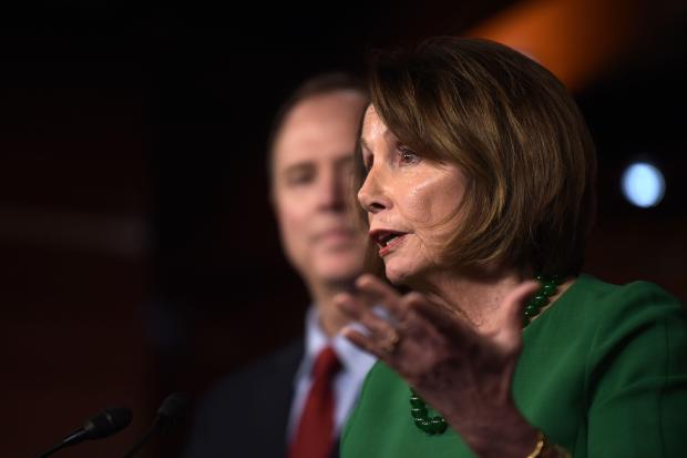 Speaker of the House Nancy Pelosi (R) hold a press conference with Chairman of the US House Permanent Select Committee on Intelligence