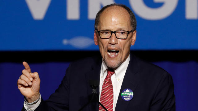 Democratic National Committee Chairman Tom Perez speaks at Ralph Northam's election night rally on the campus of George Mason University in Fairfax