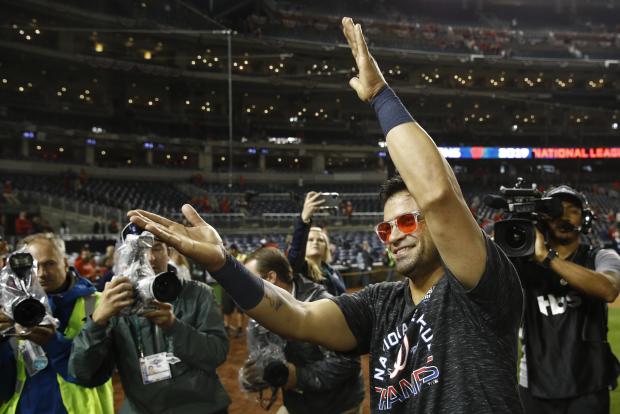 Washington Nationals' Gerardo Parra celebrates after Game 4 of the baseball National League Championship Series against the St. Louis Cardinals Tuesday