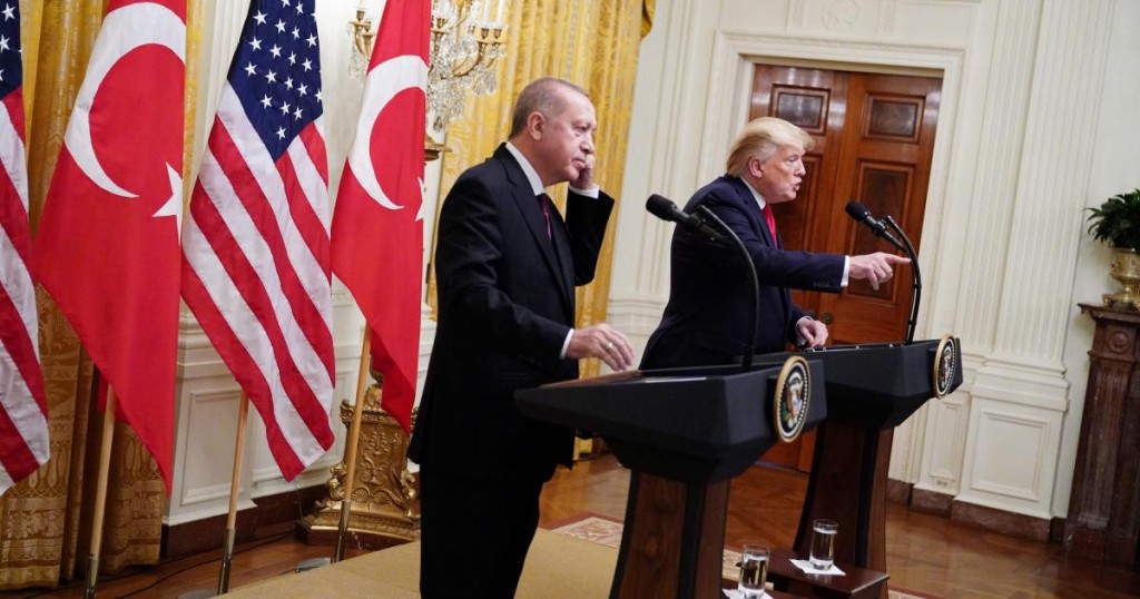 US President Donald Trump and Turkey's President Recep Tayyip Erdogan (L) take part in a joint press conference in the East Room of the White House in Washington