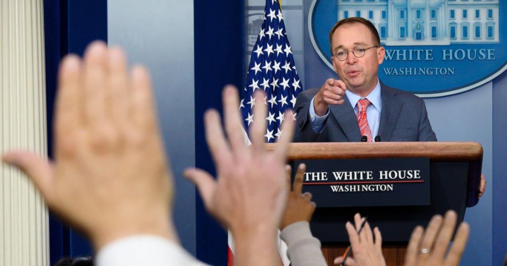 White House Acting Chief of Staff Mick Mulvaney answers questions from reporters during a press briefing at the White House in Washington