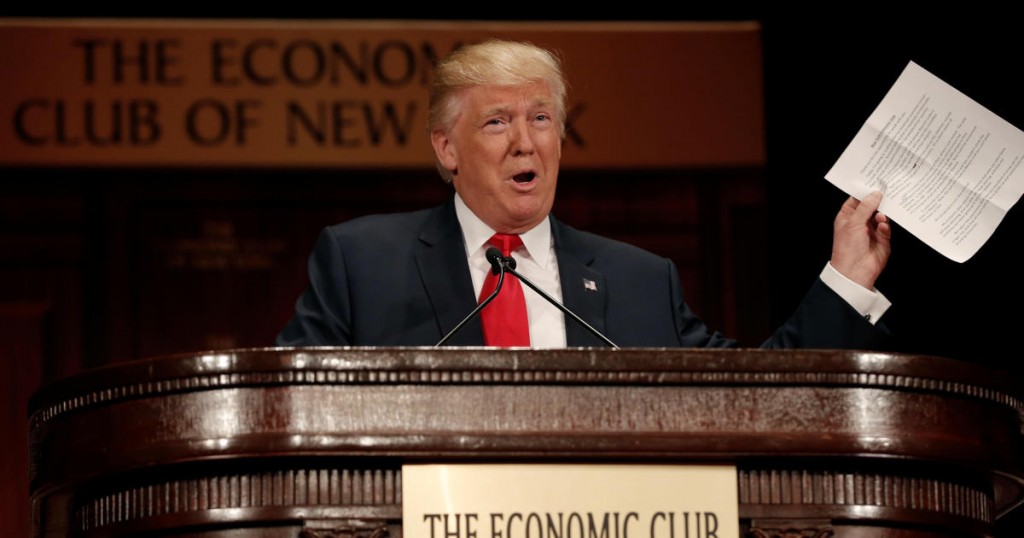 Republican presidential nominee Donald Trump speaks to the Economic Club of New York luncheon in Manhattan