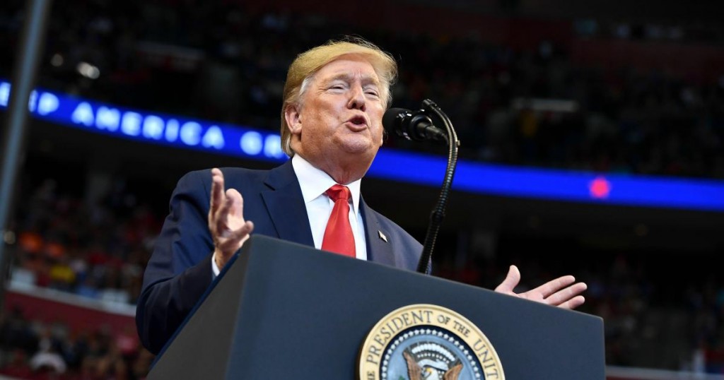 US President Donald Trump speaks during a "Keep America Great" campaign rally at the BB&T Center in Sunrise
