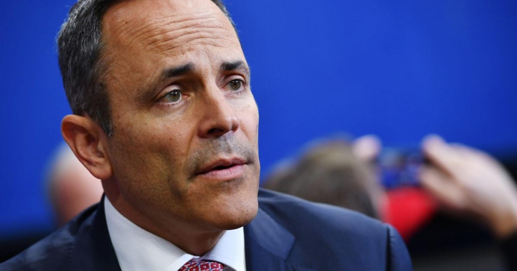 Kentucky Governor Matt Bevin speaks before the start of a rally at Rupp Arena in Lexington