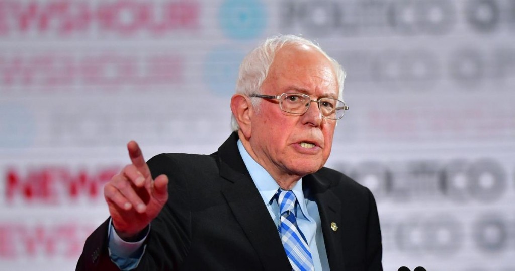 Democratic presidential hopeful Vermont Senator Bernie Sanders gestures during the sixth Democratic primary debate of the 2020 presidential campaign season co-hosted by PBS NewsHour & Politico at Loyola Marymount University in Los Angeles