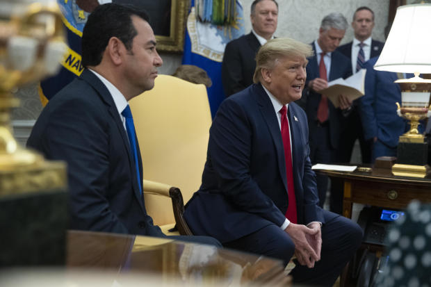 President Donald Trump speaks during a meeting with Guatemalan President Jimmy Morales in the Oval Office of the White House