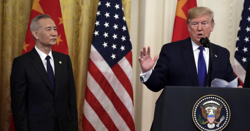 President Donald Trump speaks before signing a trade agreement with Chinese Vice Premier Liu He