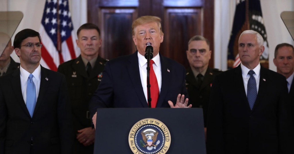 President Donald Trump addresses the nation from the White House on the ballistic missile strike that Iran launched against Iraqi air bases housing U.S. troops