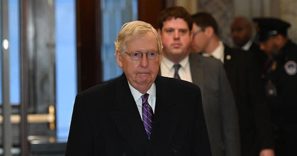 Senate Majority Leader Senator Mitch McConnell (R-KY) arrives during the impeachment trial of US President Donald Trump on Capitol Hill January 29