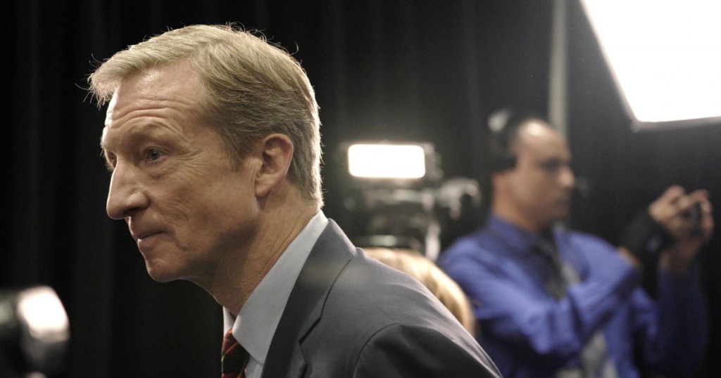 Billionaire activist Tom Steyer moves between interviews in the spin room after the sixth 2020 U.S. Democratic presidential candidates campaign debate at Loyola Marymount University in Los Angeles