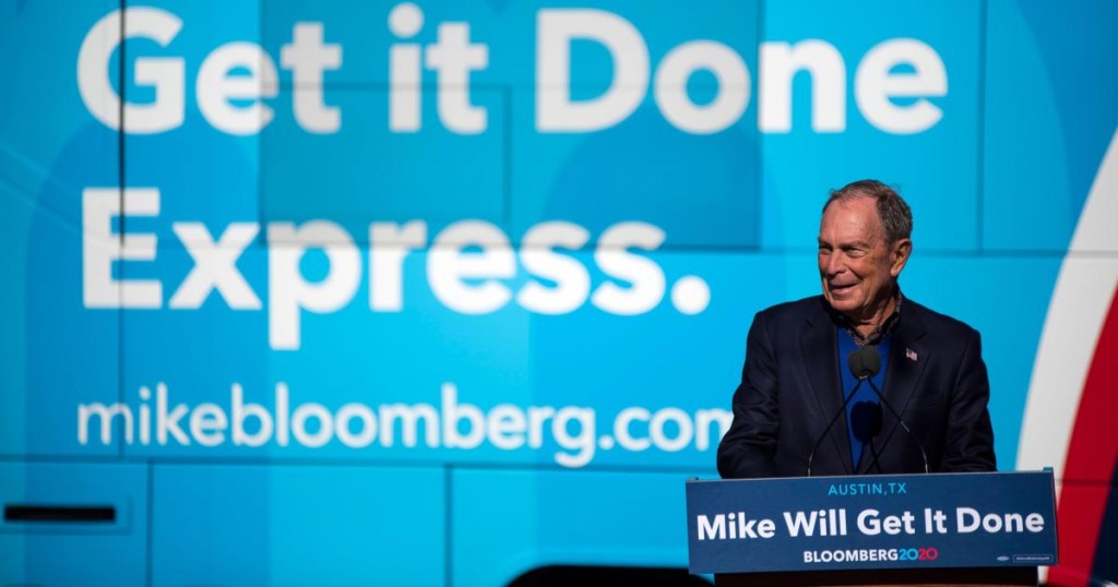 Democratic presidential candidate Mike Bloomberg speaks to supporters at Central Machine Works in San Antonio