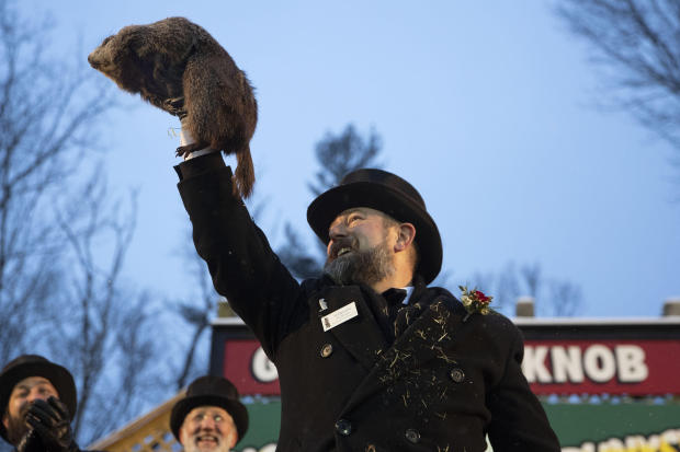 Groundhog Club co-handler Al Dereume holds Punxsutawney Phil