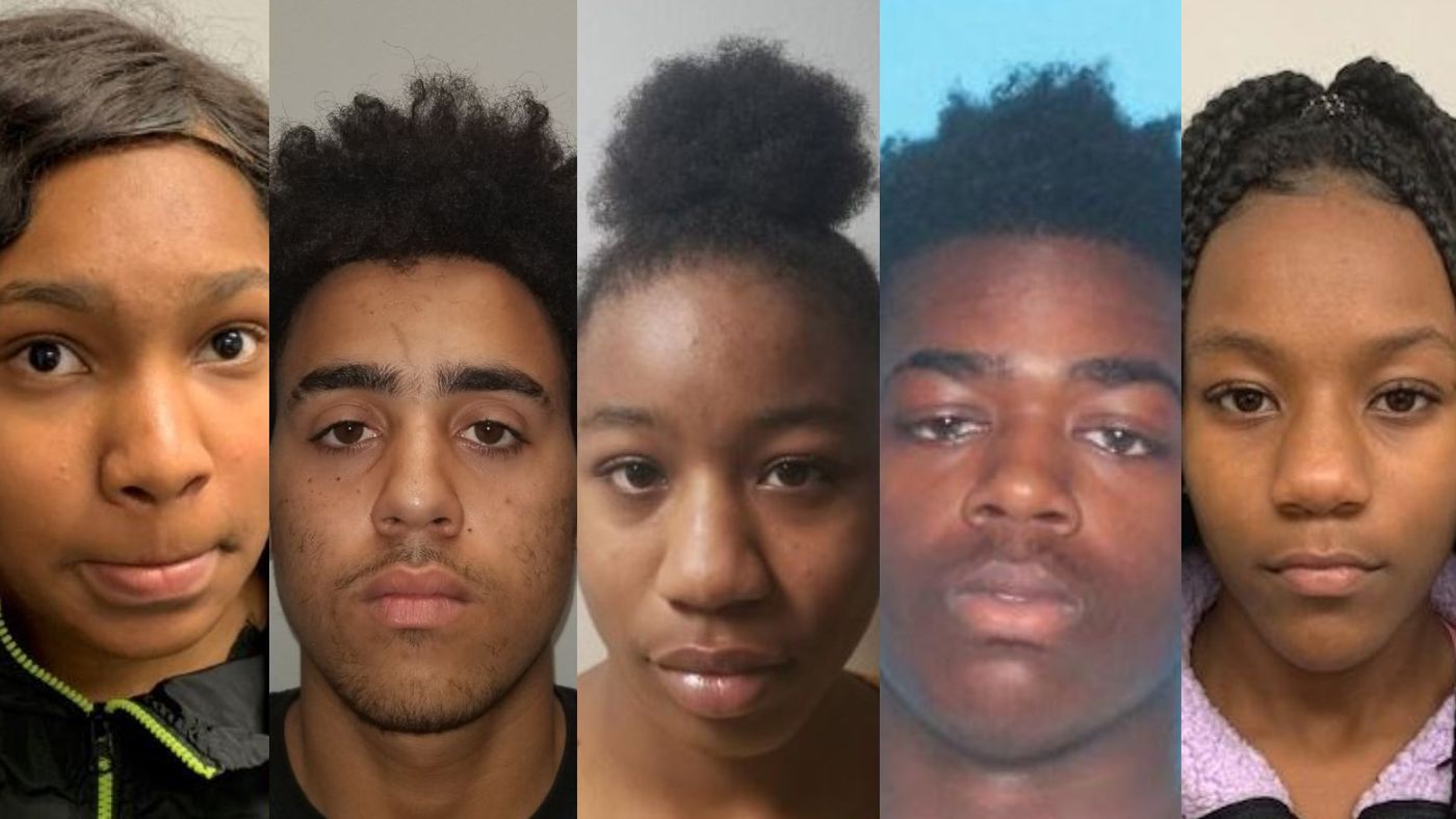 These five Biloxi teens are each charged with capital murder in the shooting death of 16-year-old Madison Harris. Pictured from left, Jasmine Kelley, Jarvis Cook, Yakeshia Blackmon, Jaquez Porter, and Willow Blackmon (Source: Biloxi Police Dept.)