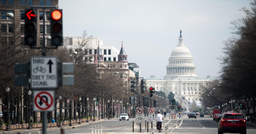 Pennsylvania Avenue near the US Capitol is seen with significantly less traffic than normal as people stay home due to COVID-19