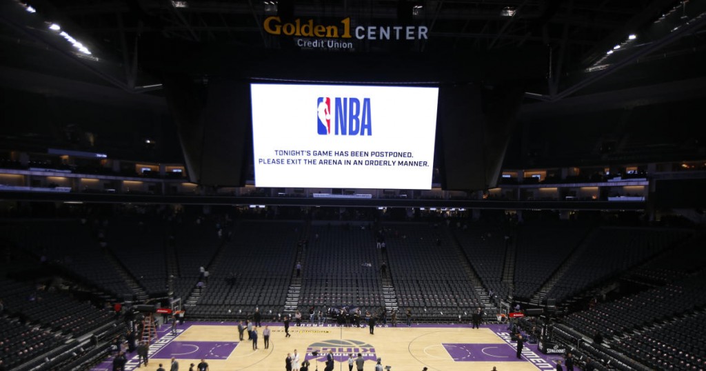 The Golden 1 Center center empties out after the NBA basketball game between the New Orleans Pelicans and Sacramento Kings was postponed at the last minute in Sacramento