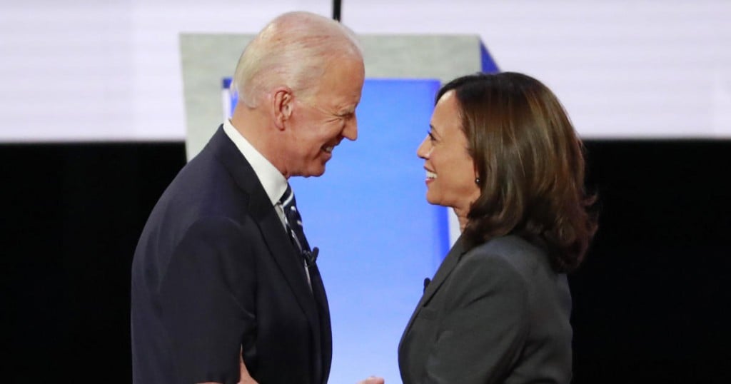 Former Vice President Joe Biden and U.S. Senator Kamala Harris shake hands before the start of the second night of the second U.S. 2020 presidential Democratic candidates debate in Detroit