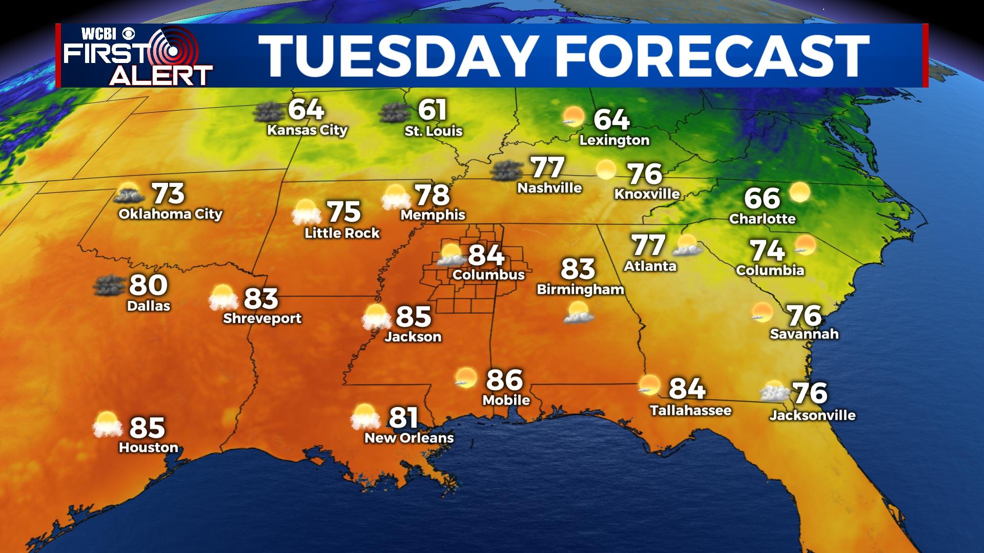 Hot again Tuesday, cooler air soon - Home - WCBI TV | Telling Your Story