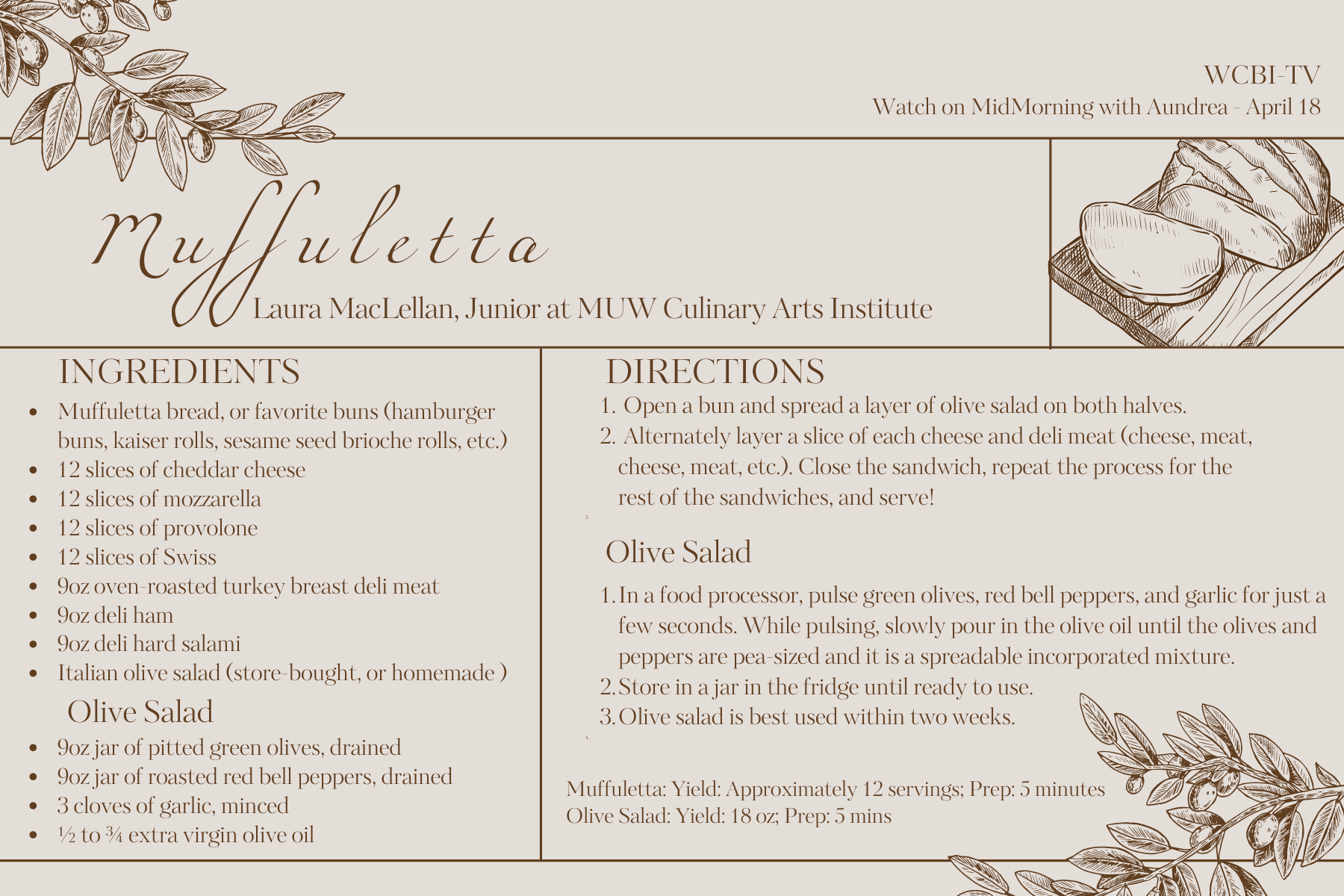 MUW Culinary Arts Student Laura MacLellan: Muffuletta - Vimarsana News