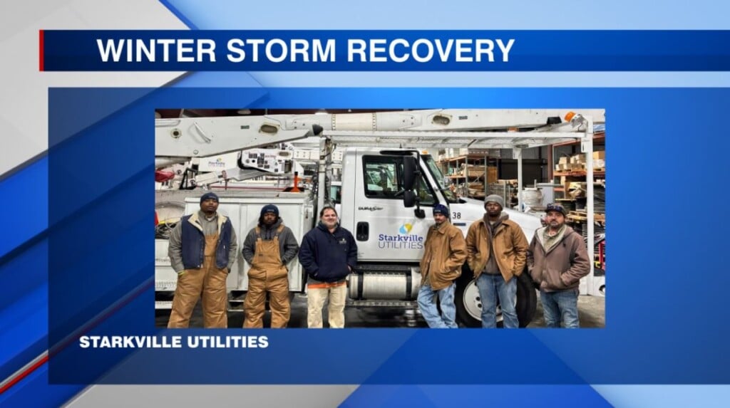 Crew members work to repair damage from winter weather in Starkville