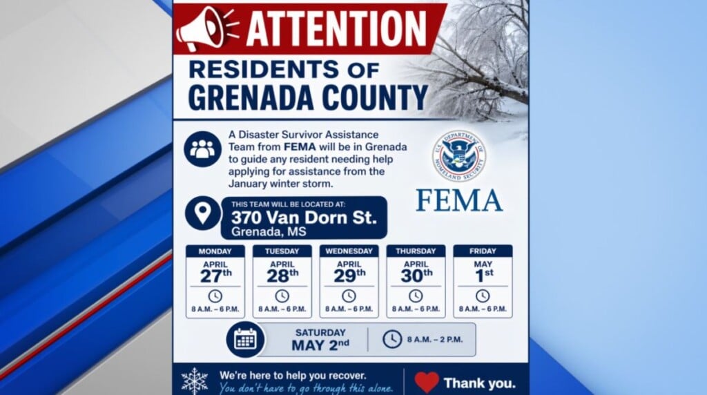 FEMA to to help Grenada Co. residents with winter storm assistance applications