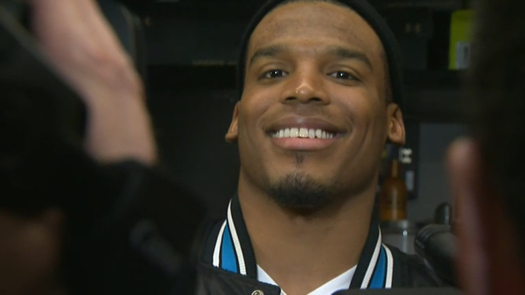 Caroliona Panthers' Cam Newton talks to the media on Monday, after returning from Super Bowl 50