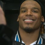 Caroliona Panthers' Cam Newton talks to the media on Monday, after returning from Super Bowl 50