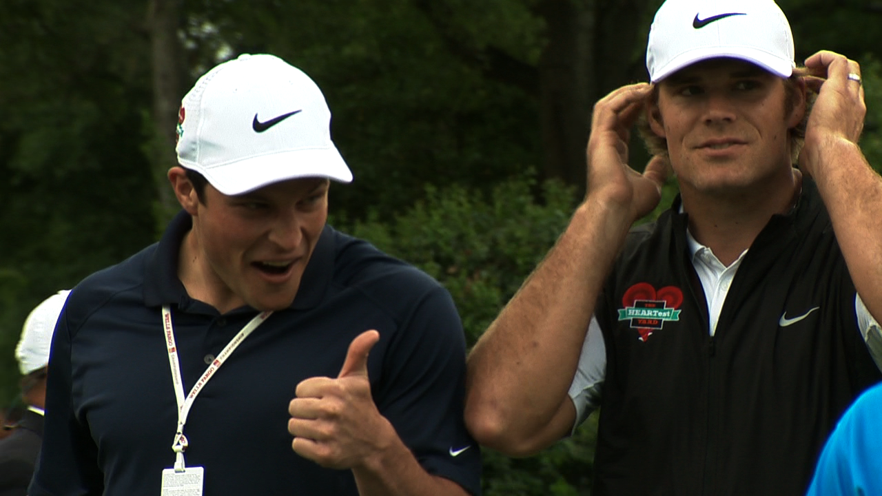 Kuechly Caddies for Olsen at Wednesday's Wells Fargo ProAm WCCB
