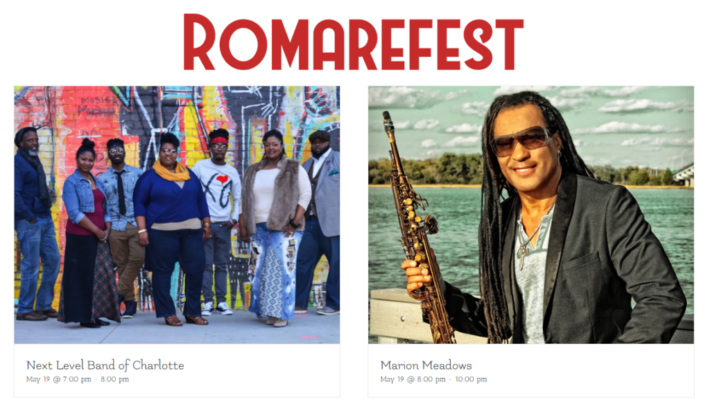 RomareFest logo and photos of Next Level Band and Marion Meadows