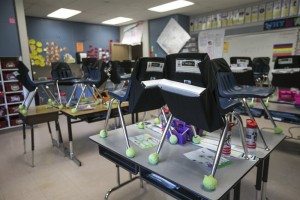 Student's Chairs Are Stacked On Top Of Desks In An Empty Classroom At Closed Robertson Elementary School, March 16, 2020