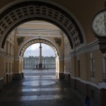 An Empty Palace Square Is Seen Through The Arch Of The General Staff Building In St.petersburg, Russia