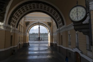 An Empty Palace Square Is Seen Through The Arch Of The General Staff Building In St.petersburg, Russia