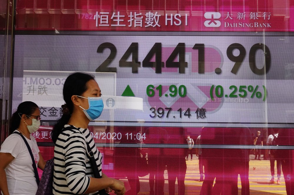 People Wearing Face Masks Walk Past A Bank Electronic Board Showing The Hong Kong Share Index At Hong Kong Stock Exchange Monday