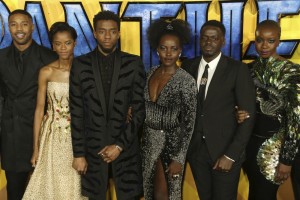 Actors Michael B. Jordan, Leitia Wright, Chadwick Boseman, Lupita Nyong'o, Daniel Kaluuya And Danai Gurira Pose For Photographers Upon Arrival At The Premiere Of The Film "black Panther" In London.