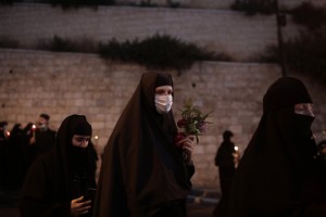Orthodox Nuns Wearing Masks As A Measure Of Prevention Against The Spread Of The Coronavirus Walk In A Procession To Bring The Icon Of The Virgin Mary