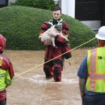 A Charlotte Fire Department Swift Water Rescue member escorts a dog from apartments during flooding along Wakefield Drive in Charlotte