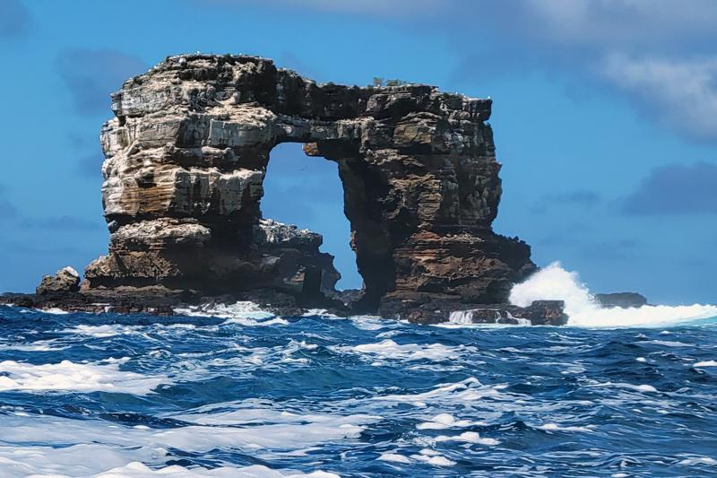 This photo distributed by Galapagos National Park shows Darwin's Arch off the Galapagos Islands, Ecuador, Sunday, May 16, 2021.