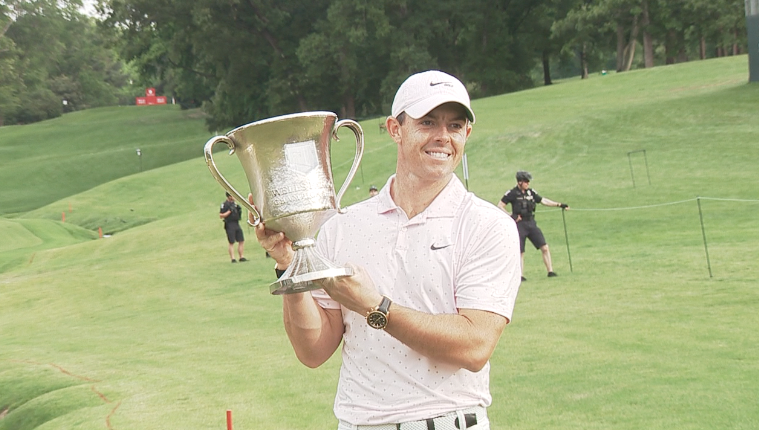 Rory Mcilroy Poses With Wells Fargo Championship Trophy