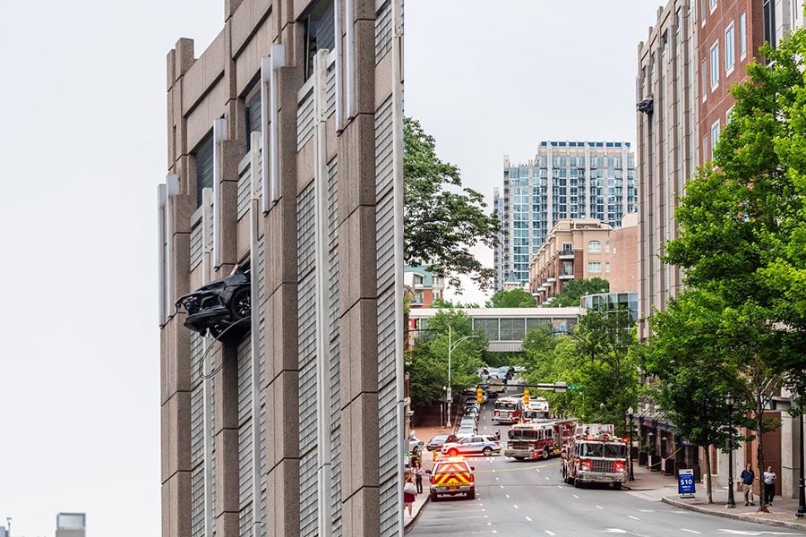 Vehicle Dangling Over Parking Deck In Uptown Charlotte