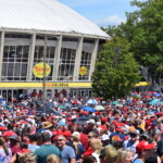 Crowds gather outside Bojangles' Coliseum ahead of a rally for Donald Trump.