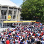 Crowds gather outside Bojangles' Coliseum ahead of a rally for Donald Trump.