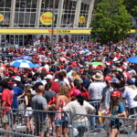 Crowds gather outside Bojangles' Coliseum ahead of a rally for Donald Trump.
