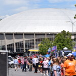 Crowds gather outside Bojangles' Coliseum ahead of a rally for Donald Trump.