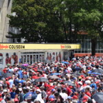 Crowds gather outside Bojangles' Coliseum ahead of a rally for Donald Trump.
